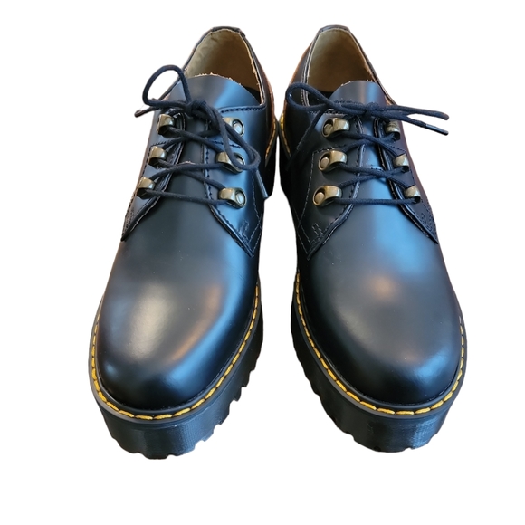DR MARTENS Leona Lo black leather platform heeled lace up shoes women’s 9 new - Picture 5 of 8